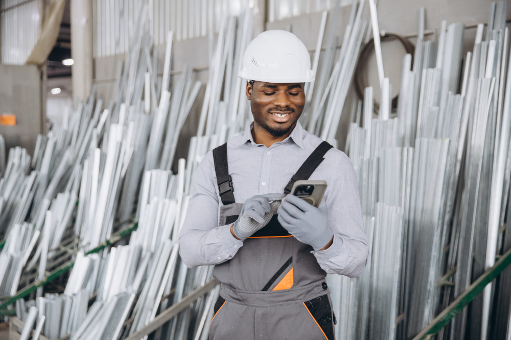 Smiling African construction worker in hard hat and gloves checking inventory on his mobile phone in a metal materials warehouse